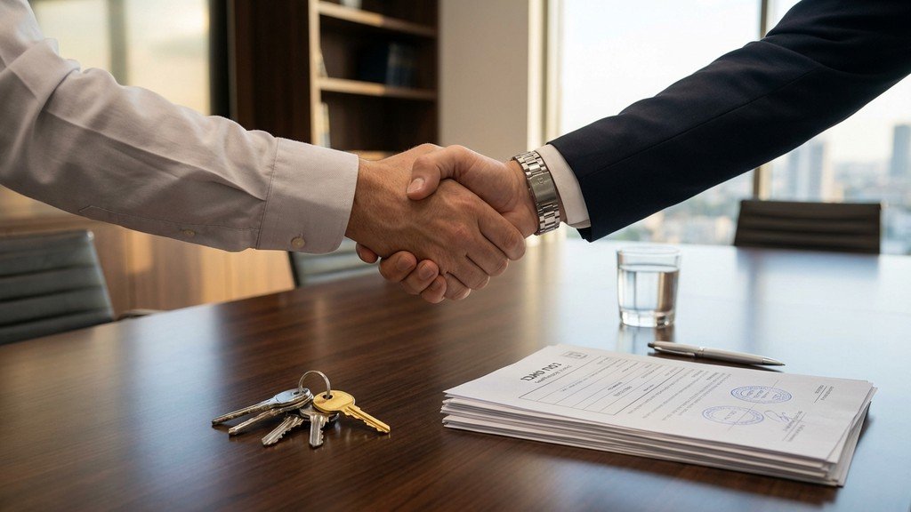 לחיצת יד מקצועית לאחר חתימה על חוזה מקרקעין
