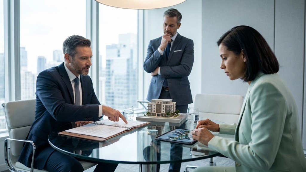 לחיצת יד בין עורכי דין ויזמי נדלן במשרד מקצועי