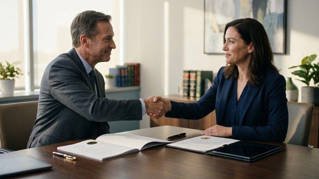 לחיצת יד בין עורך דין ללקוח לאחר חתימת חוזה