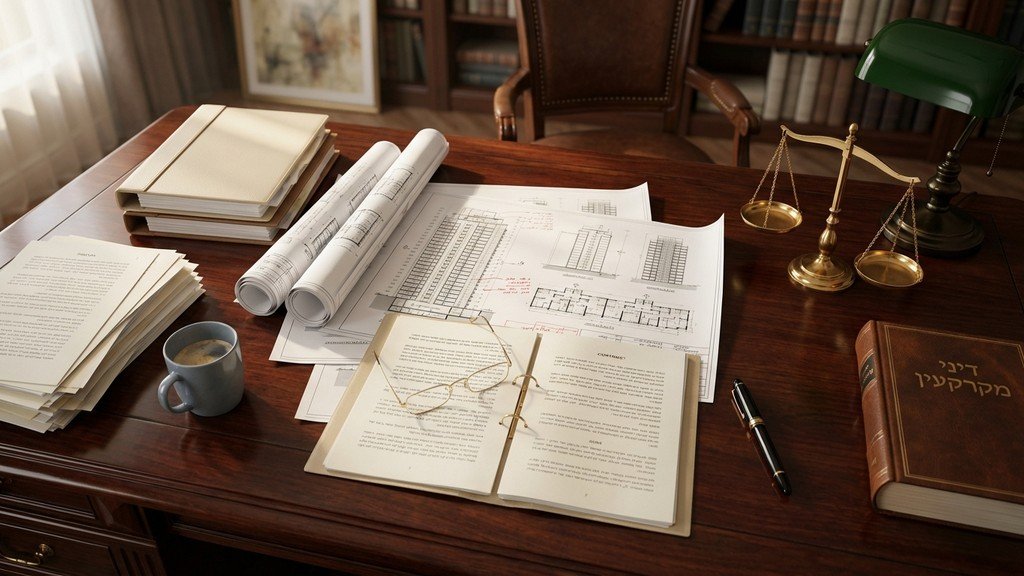 תשריטים אדריכליים ומסמכים משפטיים פרוסים על שולחן עבודה