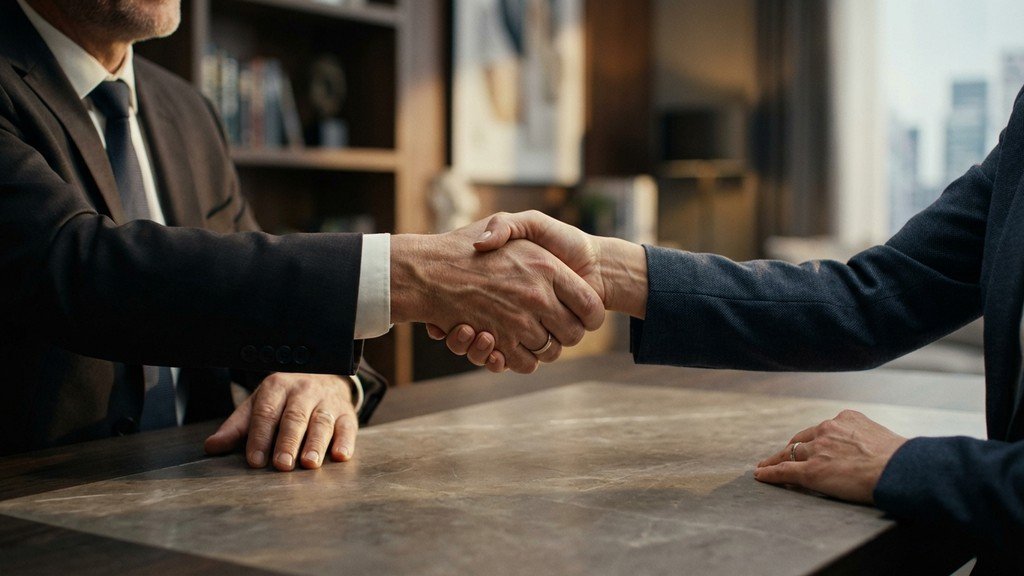 לחיצת יד מקצועית על רקע משרד המייצגת הסכם בטוח