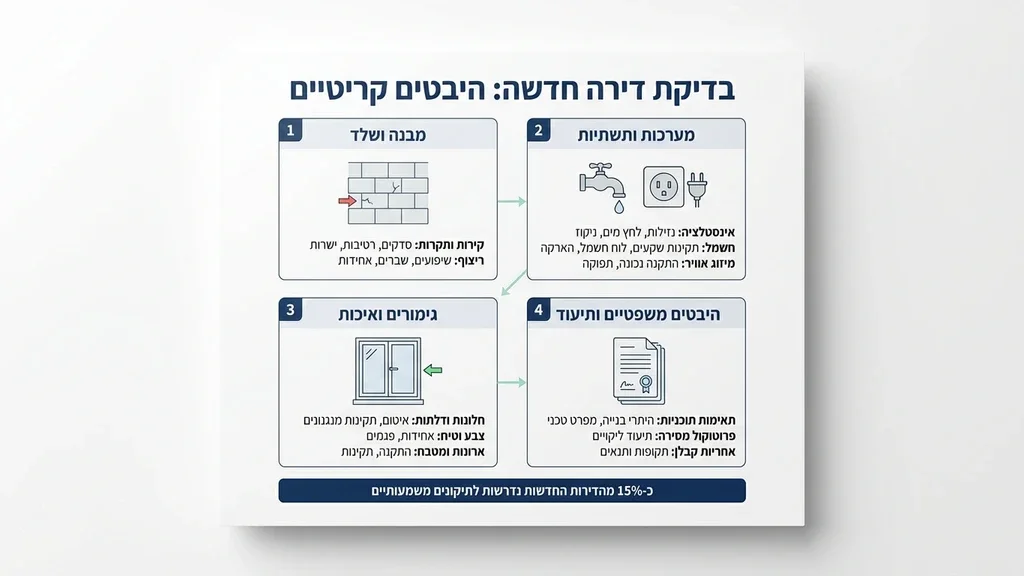 אחרי הפסקה הראשונה תחת הכותרת הראשונה, ממחיש בדיקת דירה חדשה על ידי איש מקצוע. עורך דין ליקויי בניה בוחן דירה חדשה