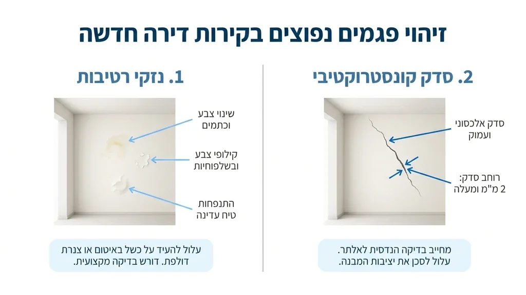 אחרי טבלת סוגי הפגמים, ממחיש נזקי רטיבות או סדקים בקיר בדירה. רטיבות וסדקים בדירת קבלן